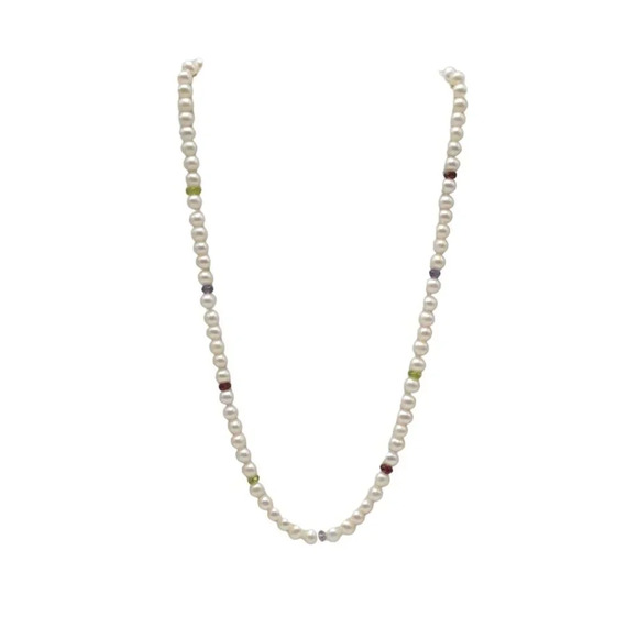 925 Sterling Silver Pearl Multi-Color Gemstone Beaded Statement Necklace - Picture 1 of 6